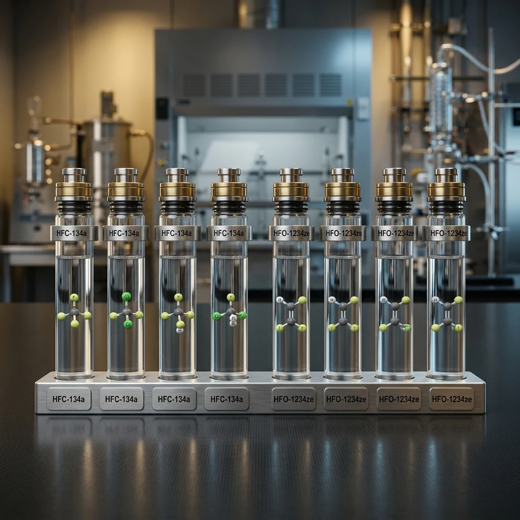 Side-by-side comparison of HFC-134a and HFO-1234ze cylinders showing environmental rating labels — Global Aerosols infographic