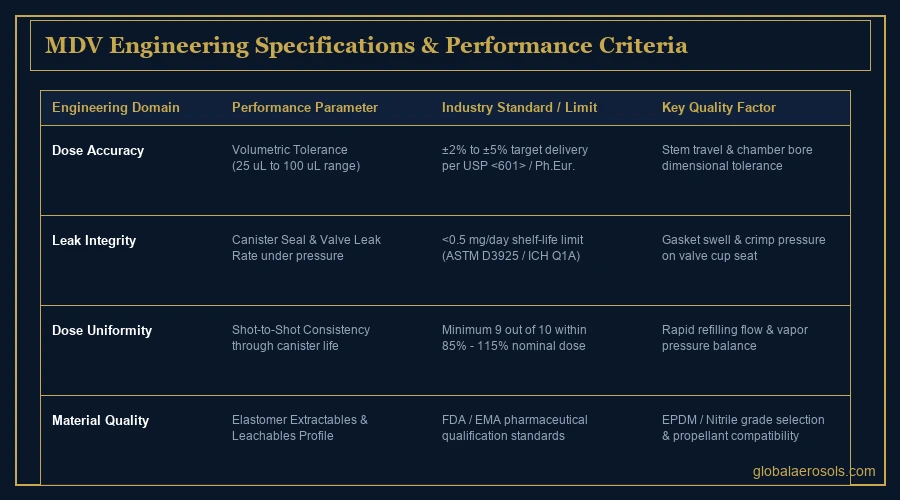 Metered dose valve comparison infographic — leak testing with sealed glass test tubes under pressure | Global Aerosols
