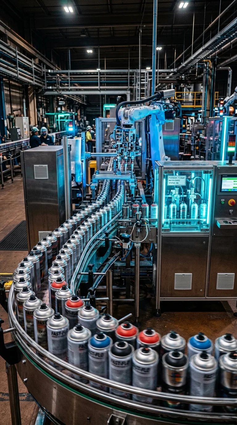 Automated aerosol can filling and packaging production line for spray paints