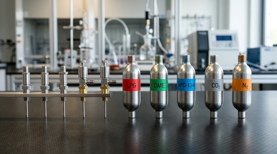 Propellant comparison infographic: LPG, DME, HFC-134a, CO2, and N2 pressure stability and properties | Global Aerosols infographic