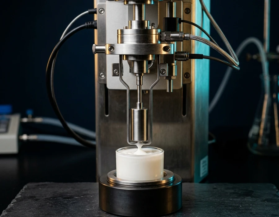 Close-up of a laboratory rheometer or viscometer — precision instrument               head and spindle above a small sample cup containing white cream or               gel, set on a clean bench with control panel visible. Warm directional               studio lighting. No people, no text or labels visible.