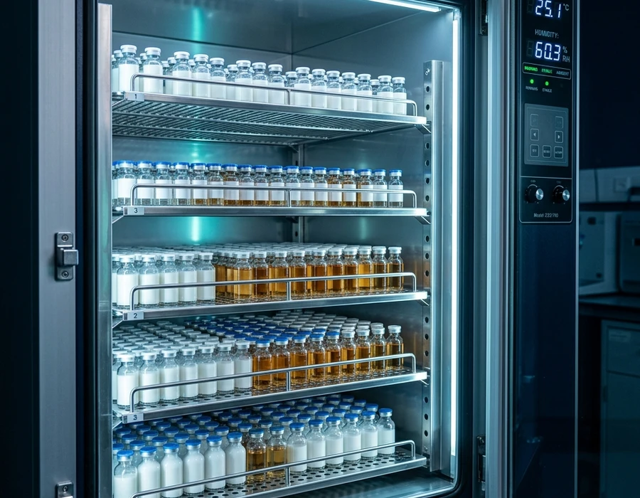 Interior view of a climate stability chamber — neat rows of product sample bottles on wire shelving, temperature and humidity controls visible on the chamber door. Controlled, clinical atmosphere, cool blue-white lighting. No people, no readable labels on bottles.