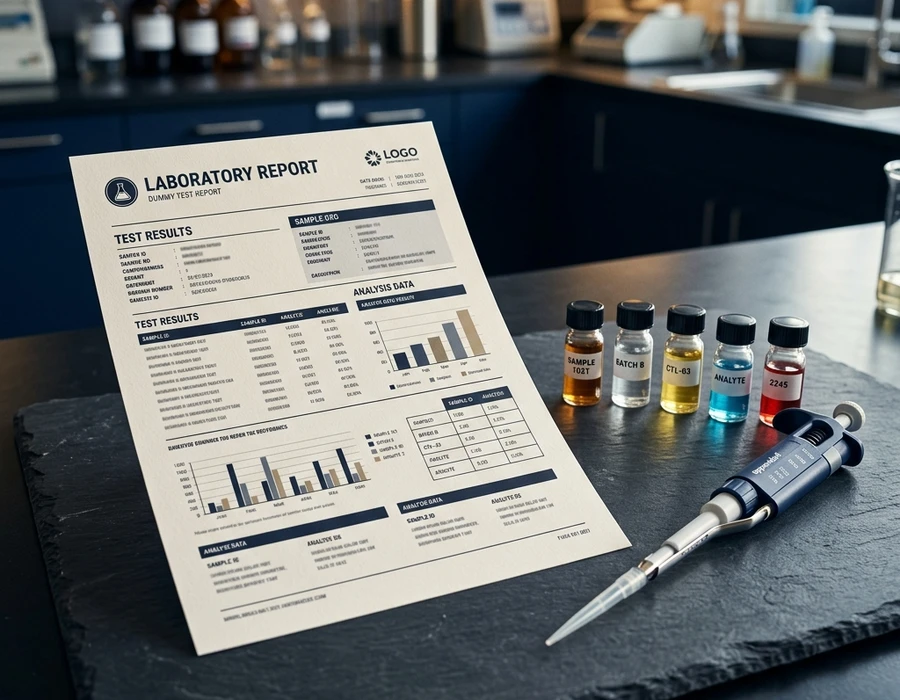 Printed laboratory test report document on a clean desk alongside               several small product sample jars and a calibrated pipette. Overhead               or slight angle shot, warm neutral tones, clinical and organised.               No people, no legible text visible on documents or labels.