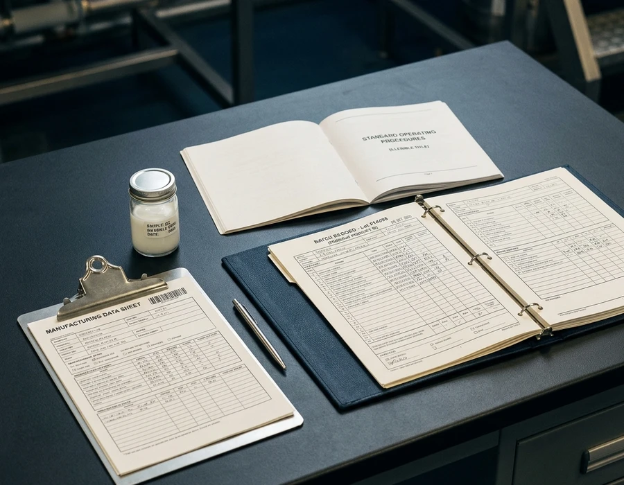 A printed batch record or manufacturing SOP document open on a               clean production desk, alongside a clipboard with process data               sheet and a quality control sample jar. Muted industrial tones,               overhead angle. No people, no legible text visible on document.