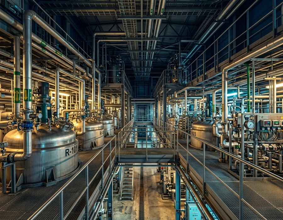 Wide-angle view of a chemical production floor — multiple large reactor               vessels with pipework, catwalks, and process instrumentation visible.               Industrial editorial photography, strong perspective lines, warm               overhead lighting. No people, no text, no labels on equipment.