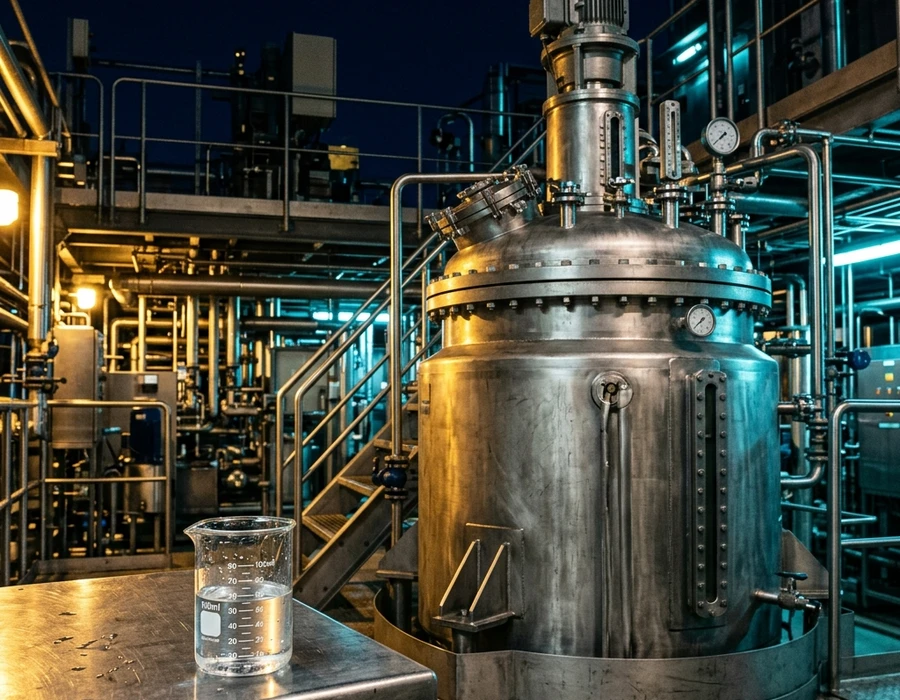 Side-by-side of a small laboratory glass beaker next to a large industrial stainless-steel mixing vessel — the scale contrast dramatic and clearly readable. Clean industrial setting, directional lighting highlighting the size difference. No people, no text, no labels.