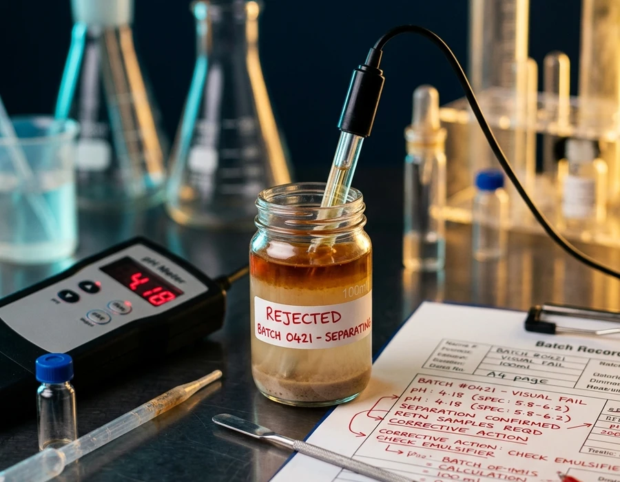 Laboratory investigation scene — a rejected or failed product sample jar next to diagnostic tools: pH meter, viscometer probe, and a printed batch record with handwritten annotations. Focused, analytical atmosphere. No people, no readable text on documents.