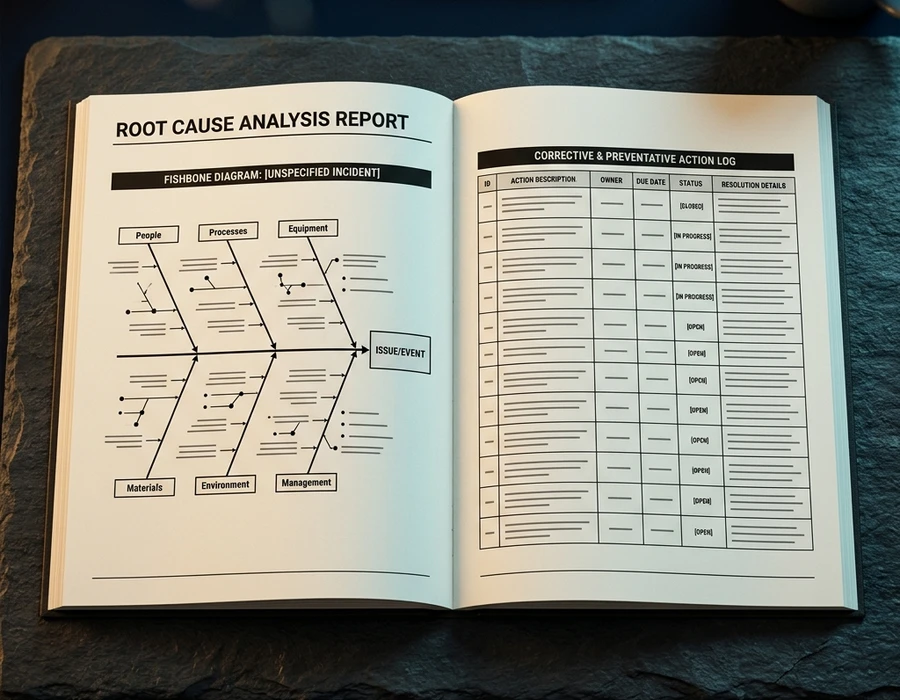 A printed root cause analysis report document open on a clean desk —               structured pages visible with section headers, a fishbone or               cause-and-effect diagram visible as a graphic element on the page,               and a corrective action log alongside it. Overhead angle, clean light.               No people, no legible body text visible.