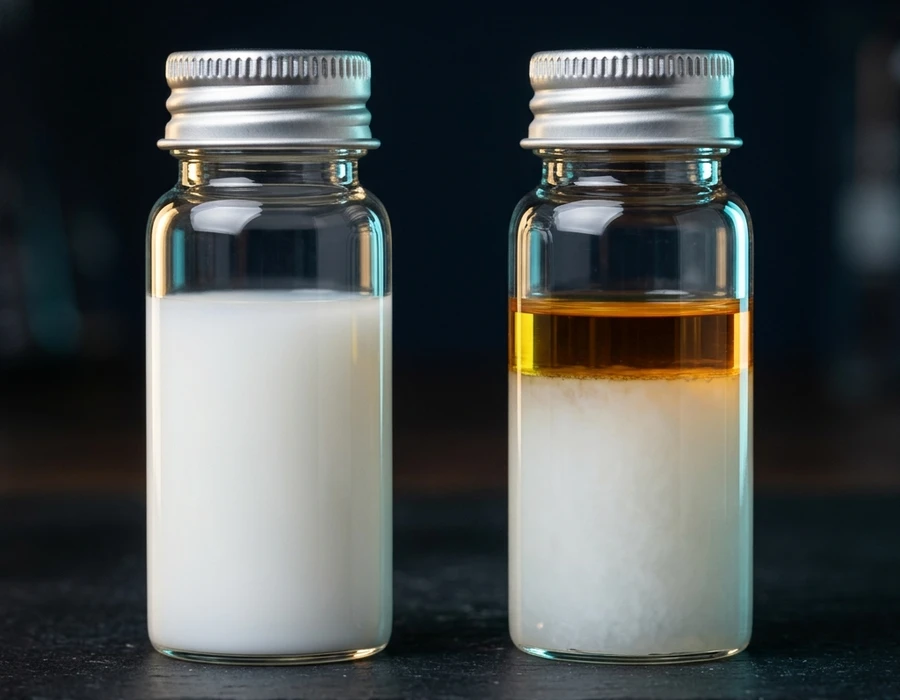 Two sets of product samples in glass vials side by side — one set               showing normal product, the other showing the defective batch with               visible separation, discolouration, or different texture. Clean               dark background, precise lighting. No people, no labels.